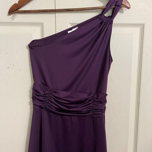 Womens Purple Sleeveless Strappy One Shoulder Y2K Ruche Stretch Mini Dress Small - Picture 3 of 5